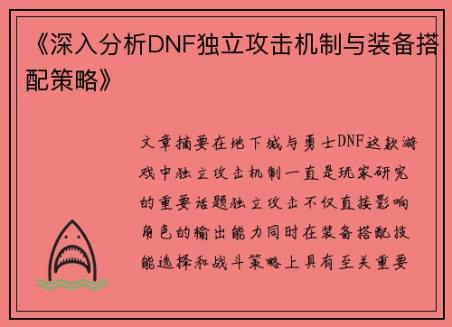 《深入分析DNF独立攻击机制与装备搭配策略》